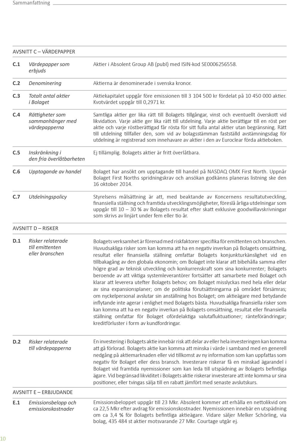 Aktiekapitalet uppgår före emissionen till 3 104 500 kr fördelat på 10 450 000 aktier. Kvotvärdet uppgår till 0,2971 kr.