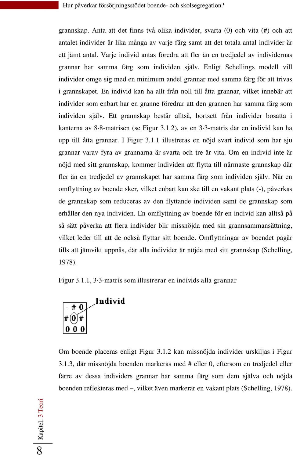 Enligt Schellings modell vill individer omge sig med en minimum andel grannar med samma färg för att trivas i grannskapet.