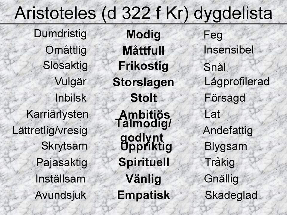 Frikostig Storslagen Stolt Ambitiös Tålmodig/ godlynt Uppriktig Spirituell Vänlig