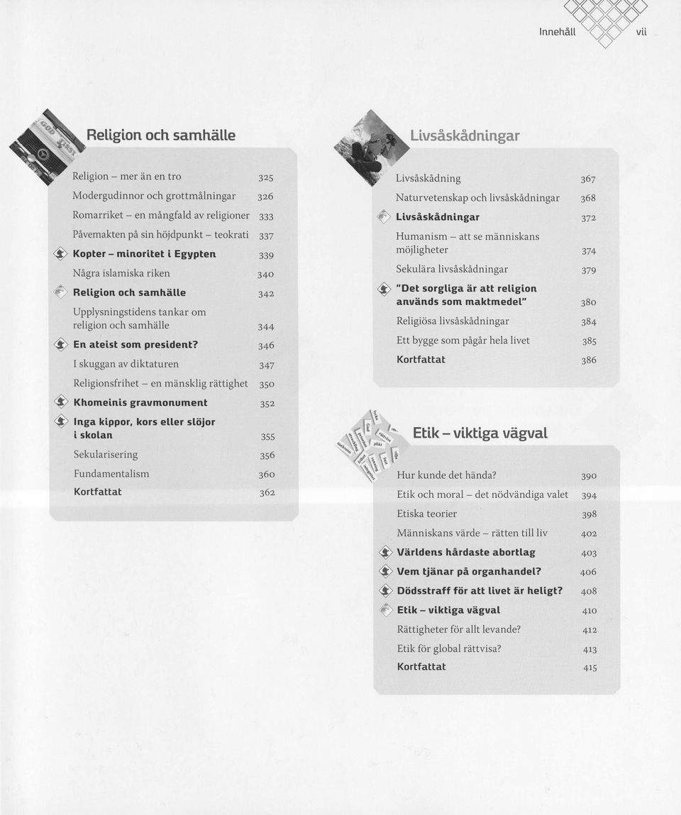 I skuggan av diktaturen 340 342 344 346 347 Religionsfrihet - en mänsklig rättighet 350 ~ Khomeinis gravmonument ~ Inga kippor, kors eller slöjor i skolan Sekularisering Fundamentalism 352 355 356