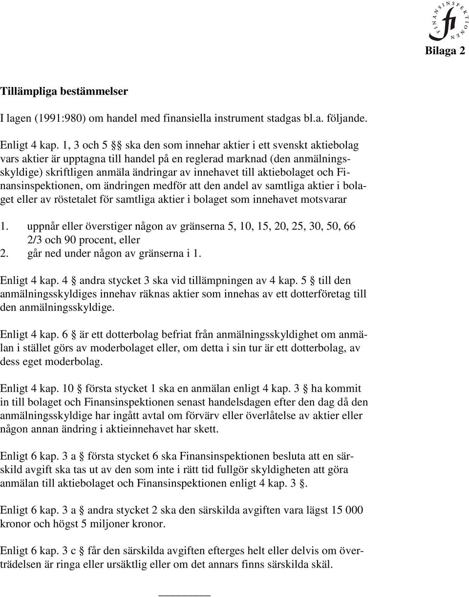 aktiebolaget och Finansinspektionen, om ändringen medför att den andel av samtliga aktier i bolaget eller av röstetalet för samtliga aktier i bolaget som innehavet motsvarar 1.