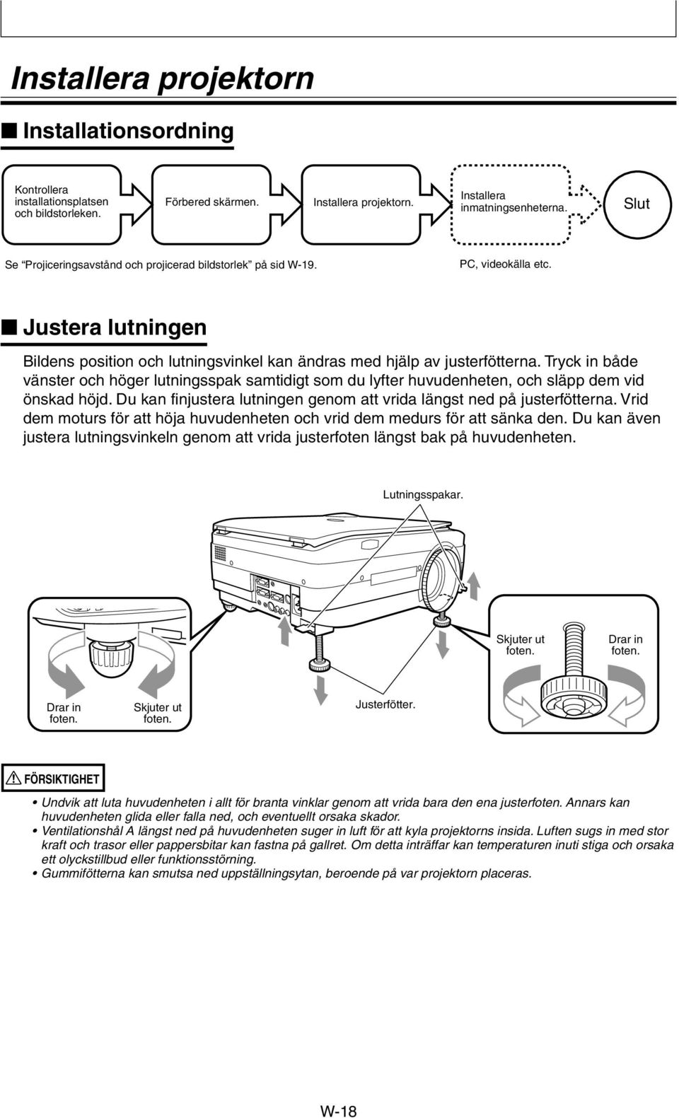 Tryck in både vänster och höger lutningsspak samtidigt som du lyfter huvudenheten, och släpp dem vid önskad höjd. Du kan finjustera lutningen genom att vrida längst ned på justerfötterna.