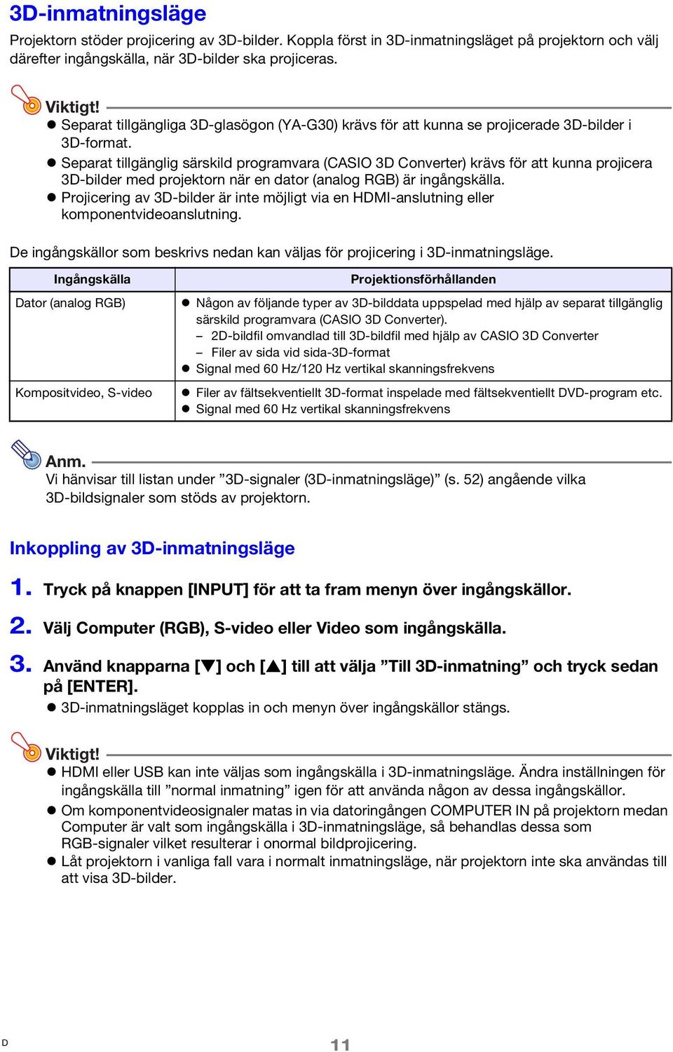 Separat tillgänglig särskild programvara (CASIO 3 Converter) krävs för att kunna projicera 3-bilder med projektorn när en dator (analog RGB) är ingångskälla.