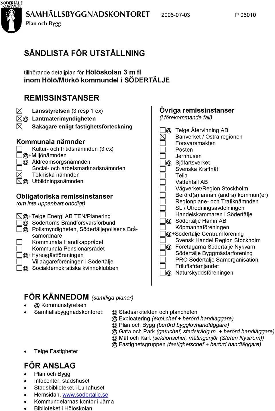 Utbildningsnämnden Obligatoriska remissinstanser om inte uppenbart onödigt) @+Telge Energi AB TEN/lanering @ Södertörns Brandförsvarsförbund @ olismyndigheten, Södertäljepolisens Bråsamordnare