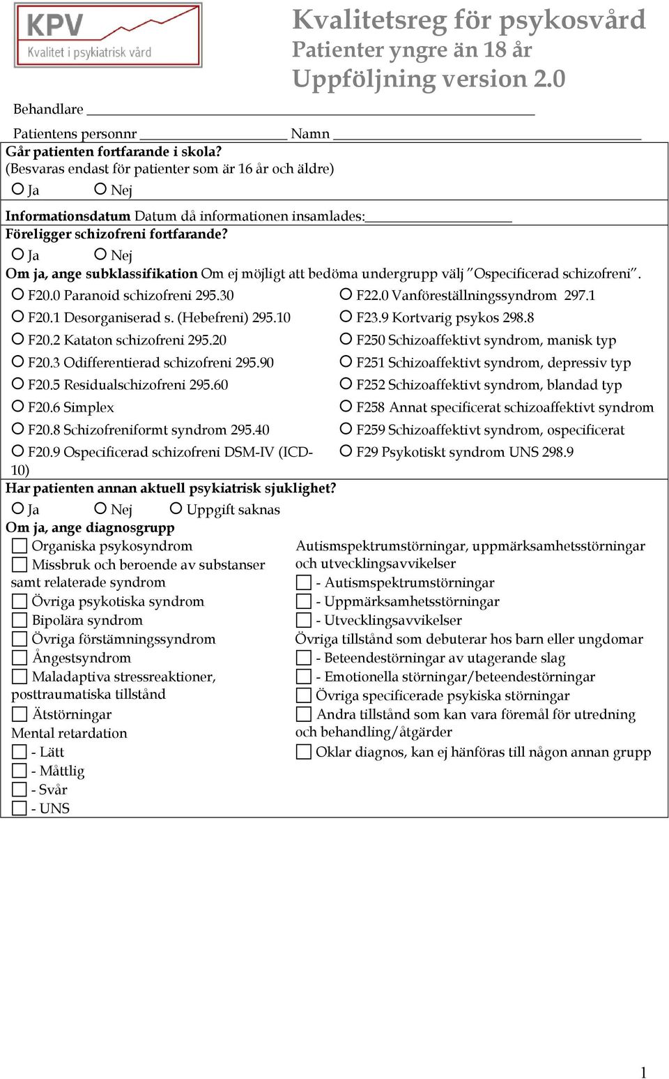 Om ja, ange subklassifikation Om ej möjligt att bedöma undergrupp välj Ospecificerad schizofreni. F20.0 Paranoid schizofreni 295.30 F22.0 Vanföreställningssyndrom 297.1 F20.1 Desorganiserad s.