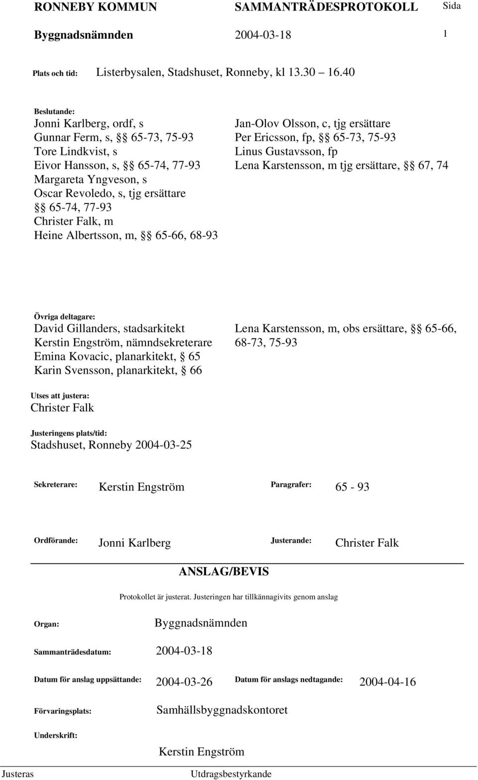 77-93 Lena Karstensson, m tjg ersättare, 67, 74 Margareta Yngveson, s Oscar Revoledo, s, tjg ersättare 65-74, 77-93 Christer Falk, m Heine Albertsson, m, 65-66, 68-93 Övriga deltagare: David