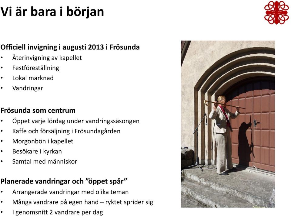 Frösundagården Morgonbön i kapellet Besökare i kyrkan Samtal med människor Planerade vandringar och öppet spår