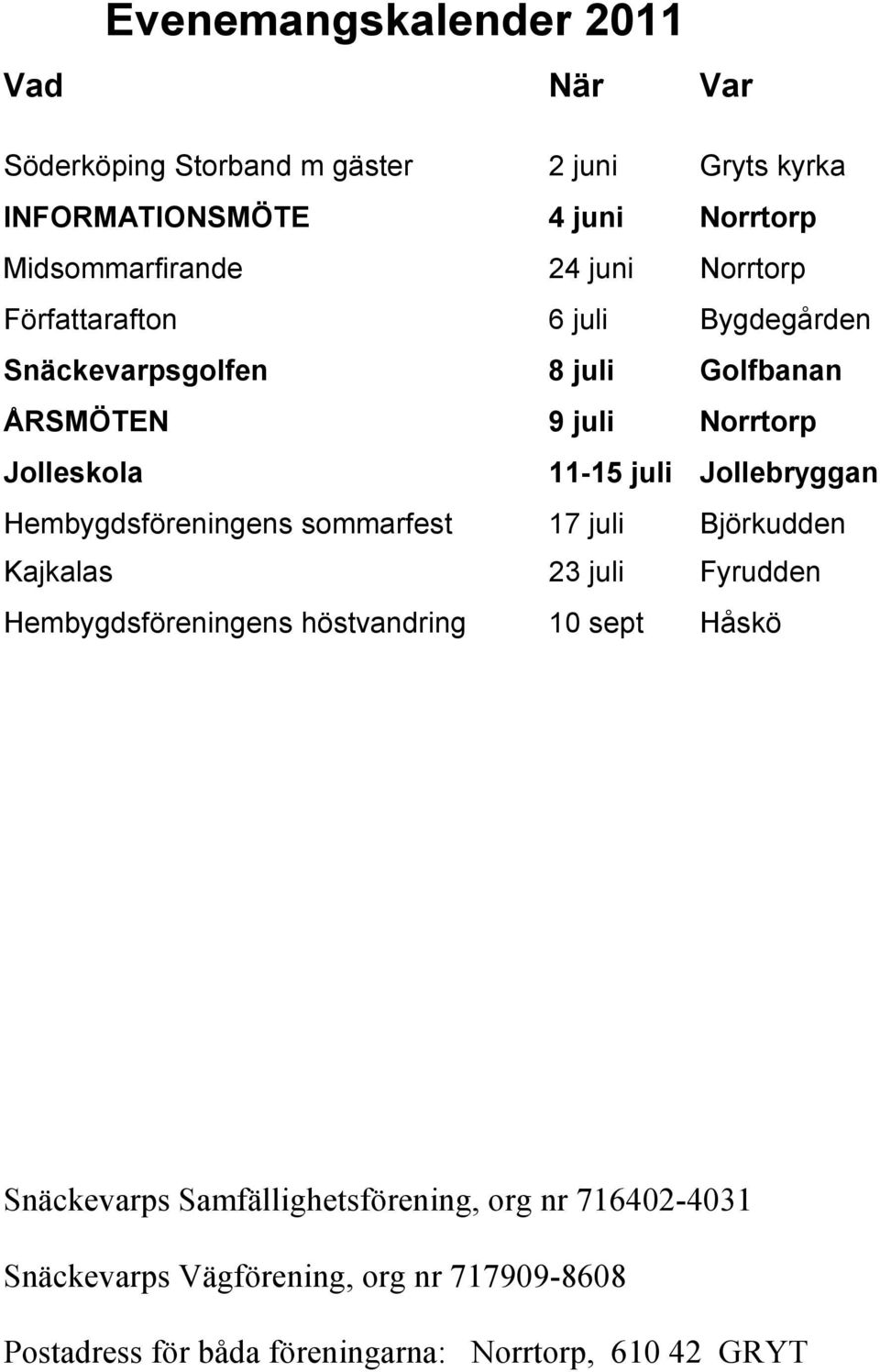 Jollebryggan Hembygdsföreningens sommarfest 17 juli Björkudden Kajkalas 23 juli Fyrudden Hembygdsföreningens höstvandring 10 sept Håskö