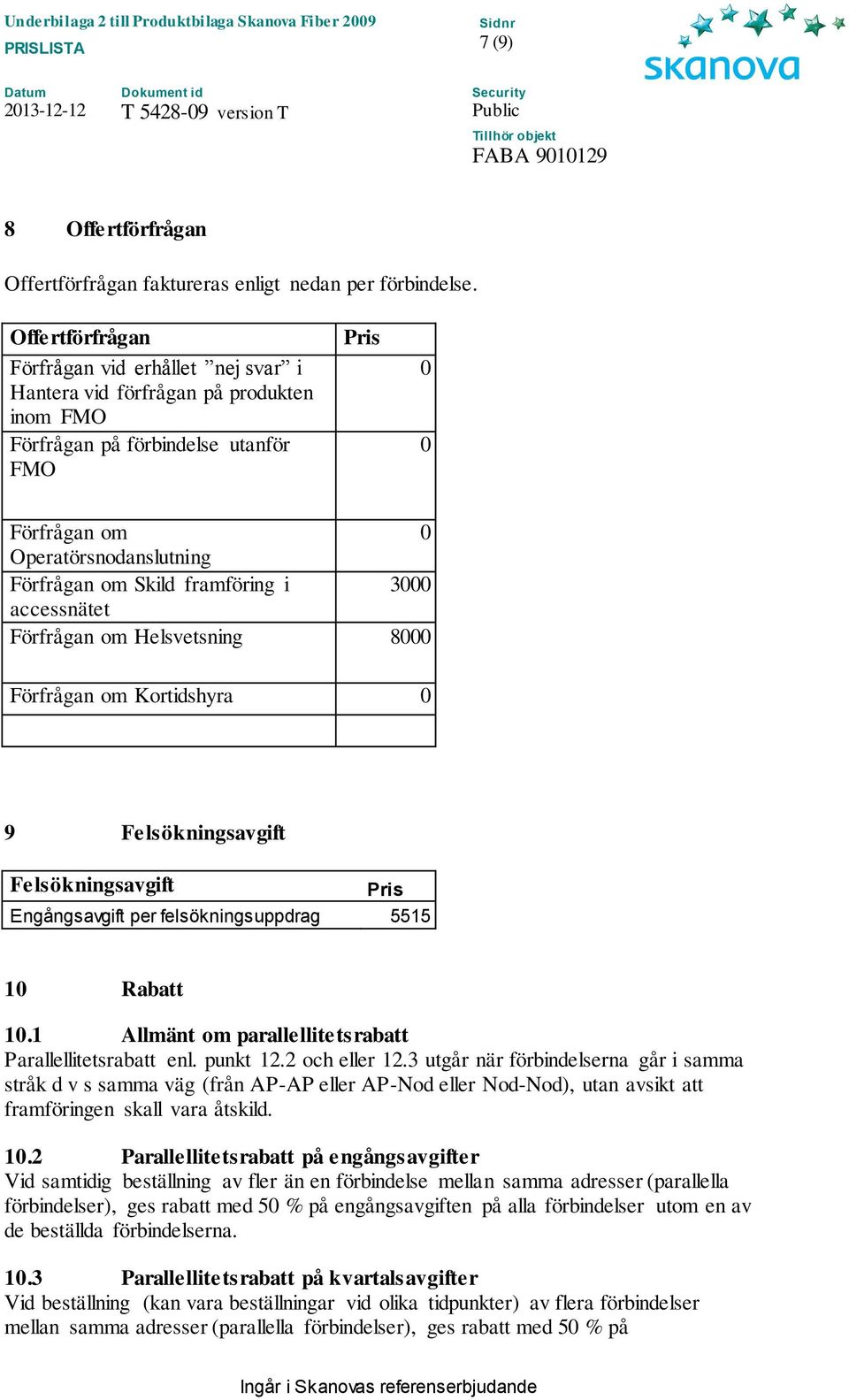 framföring i 3000 accessnätet Förfrågan om Helsvetsning 8000 Förfrågan om Kortidshyra 0 9 Felsökningsavgift Felsökningsavgift Pris Engångsavgift per felsökningsuppdrag 5515 10 Rabatt 10.