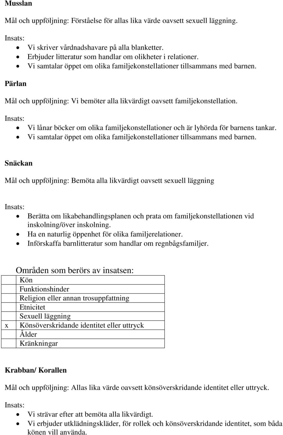 Vi lånar böcker om olika familjekonstellationer och är lyhörda för barnens tankar. Vi samtalar öppet om olika familjekonstellationer tillsammans med barnen.