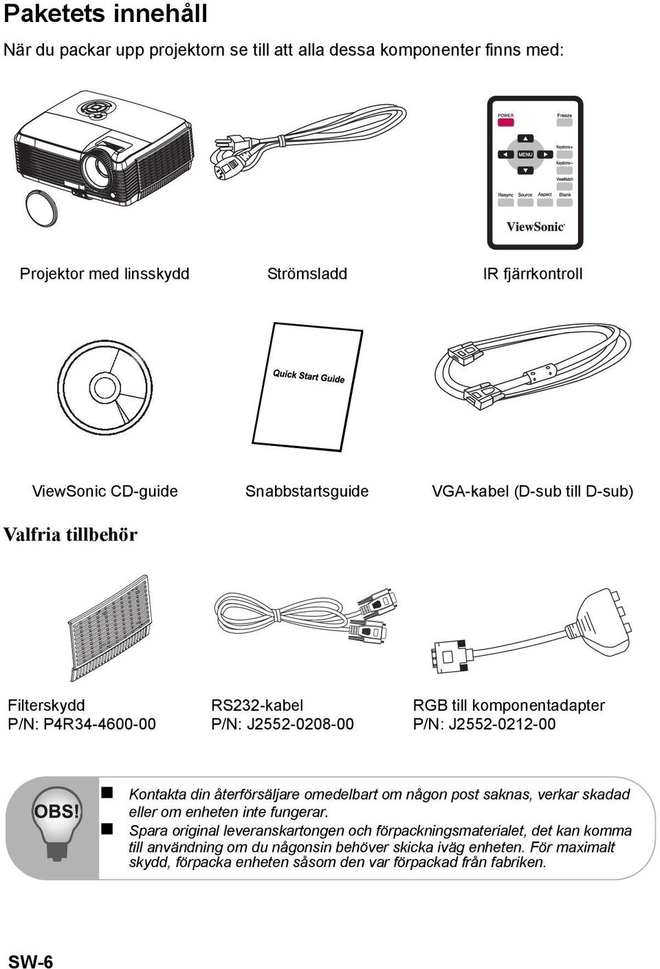 J2552-0212-00 Kontakta din återförsäljare omedelbart om någon post saknas, verkar skadad eller om enheten inte fungerar.