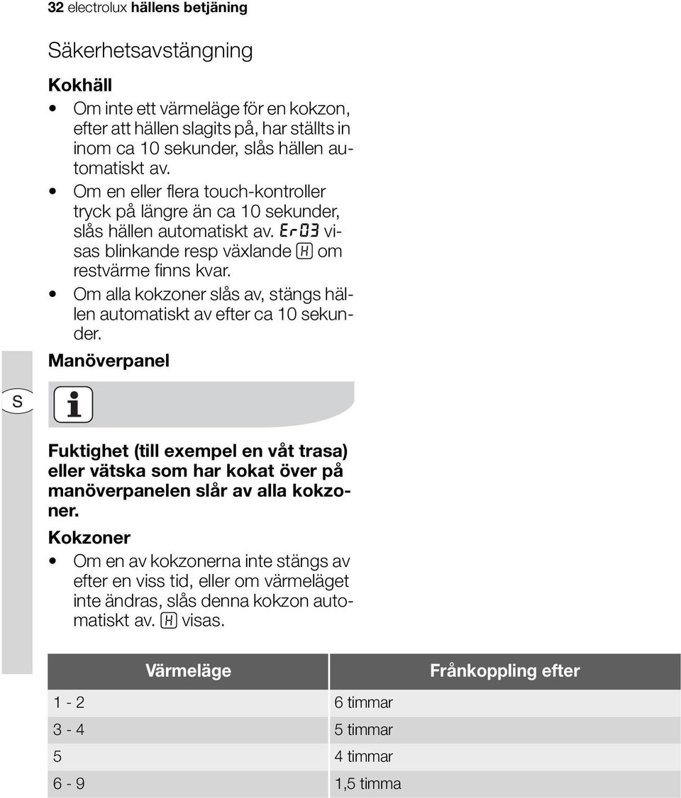 Om alla kokzoner slås av, stängs hällen automatiskt av efter ca 10 sekunder.