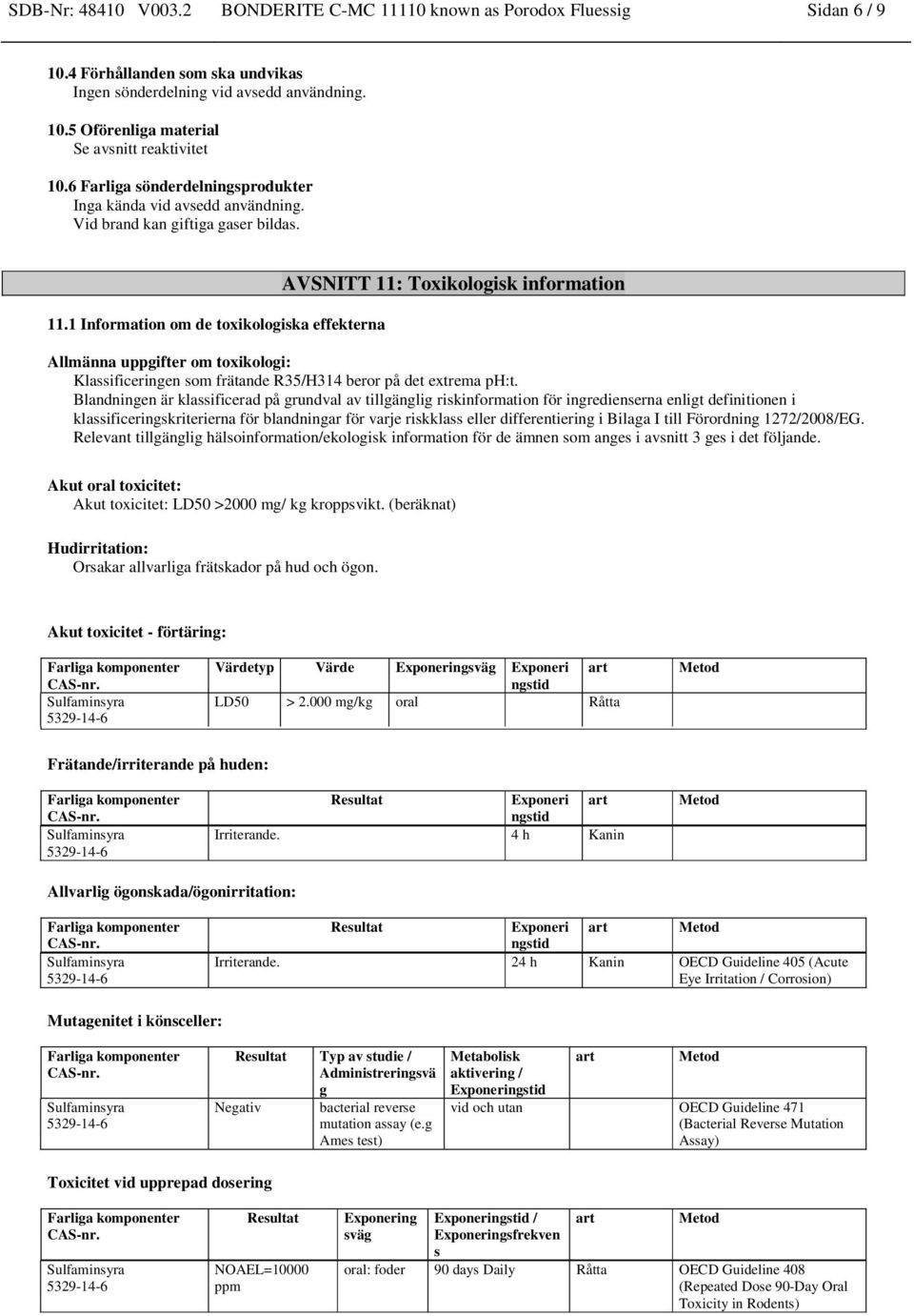 1 Information om de toxikologiska effekterna AVSNITT 11: Toxikologisk information Allmänna uppgifter om toxikologi: Klassificeringen som frätande R35/H314 beror på det extrema ph:t.