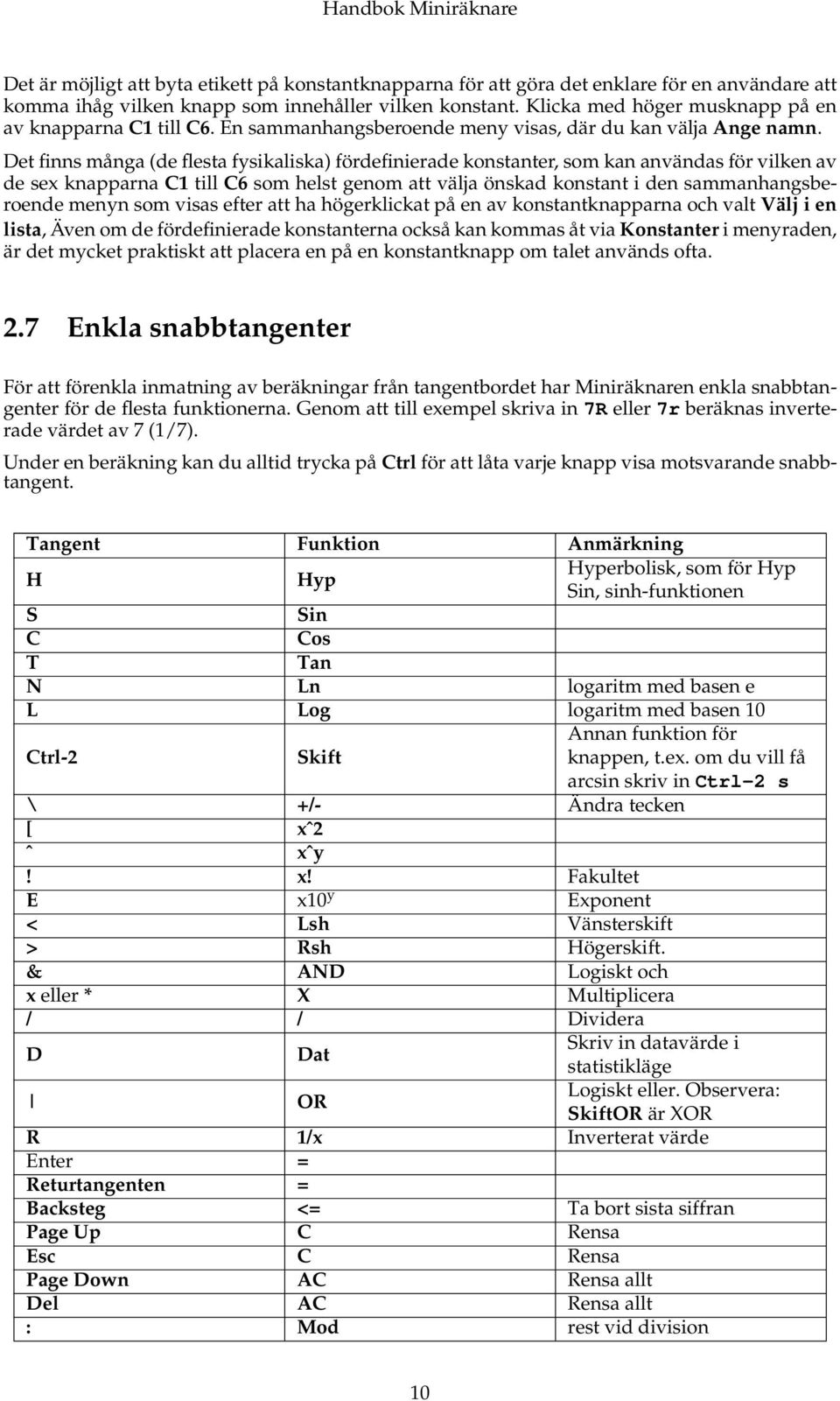 Det finns många (de flesta fysikaliska) fördefinierade konstanter, som kan användas för vilken av de sex knapparna C1 till C6 som helst genom att välja önskad konstant i den sammanhangsberoende menyn