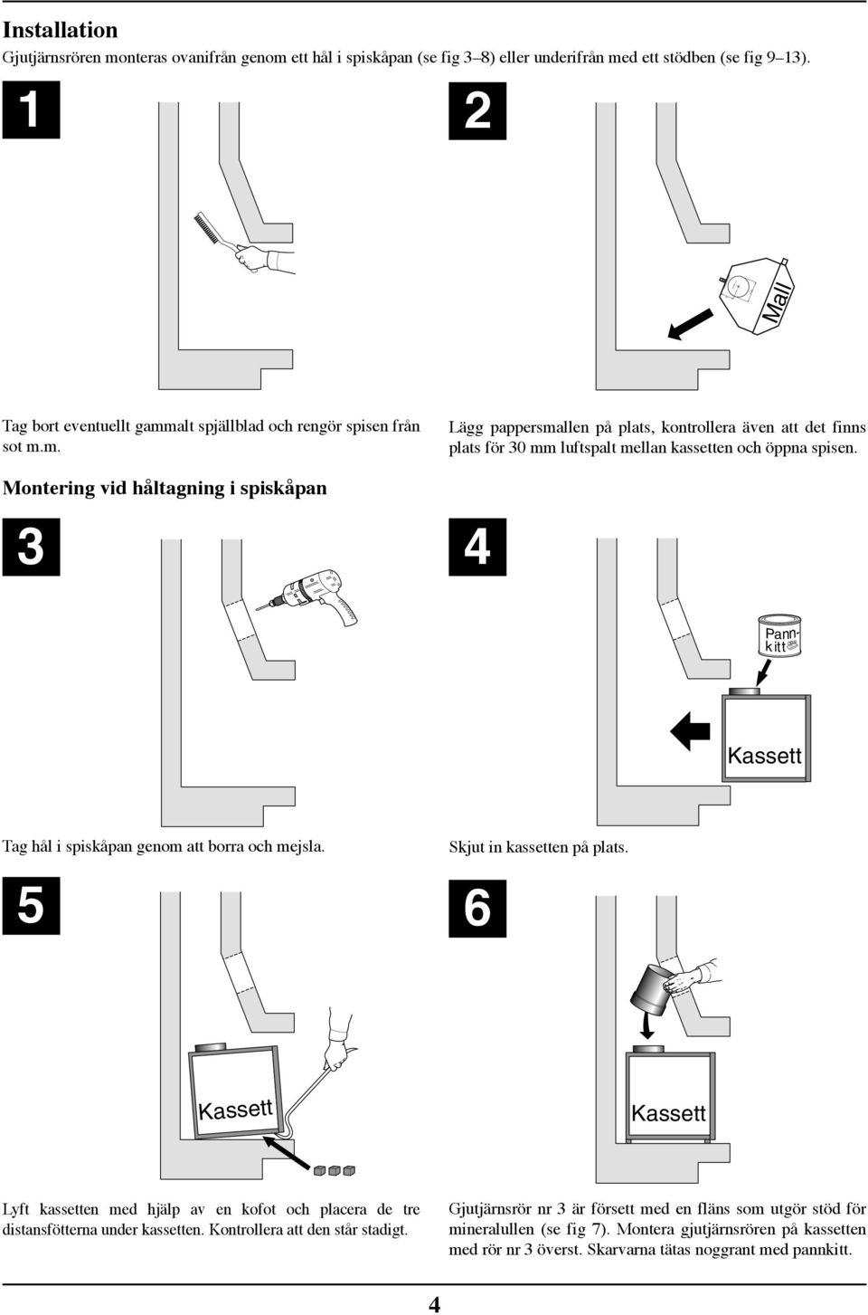 Moterig vid håltagig i spiskåpa 4 P k a i tt OBS! f r ack! Tag hål i spiskåpa geom att borra och mejsla. 5 Skjut i kassette på plats.