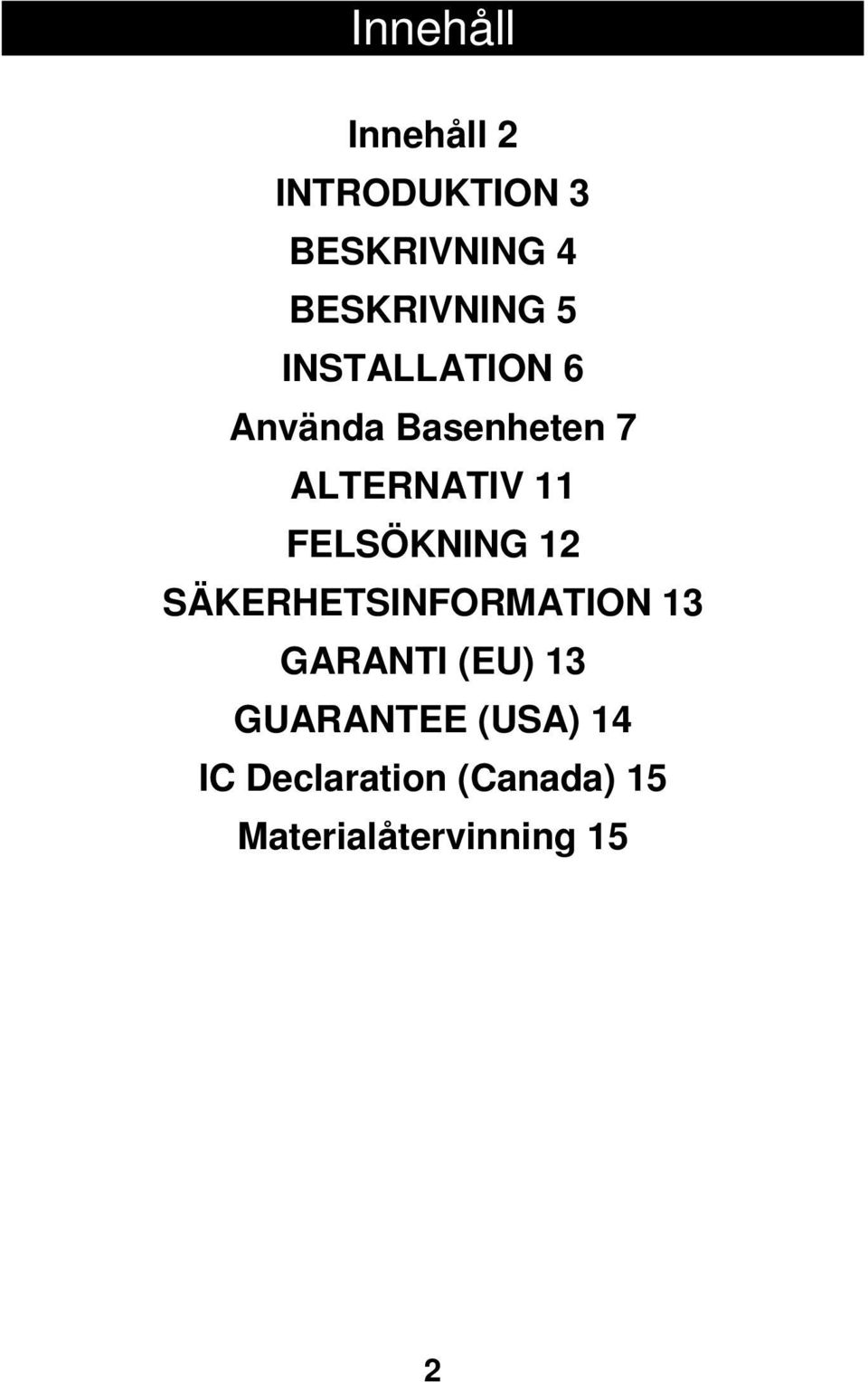 ALTERNATIV 11 FELSÖKNING 12 SÄKERHETSINFORMATION 13 GARANTI