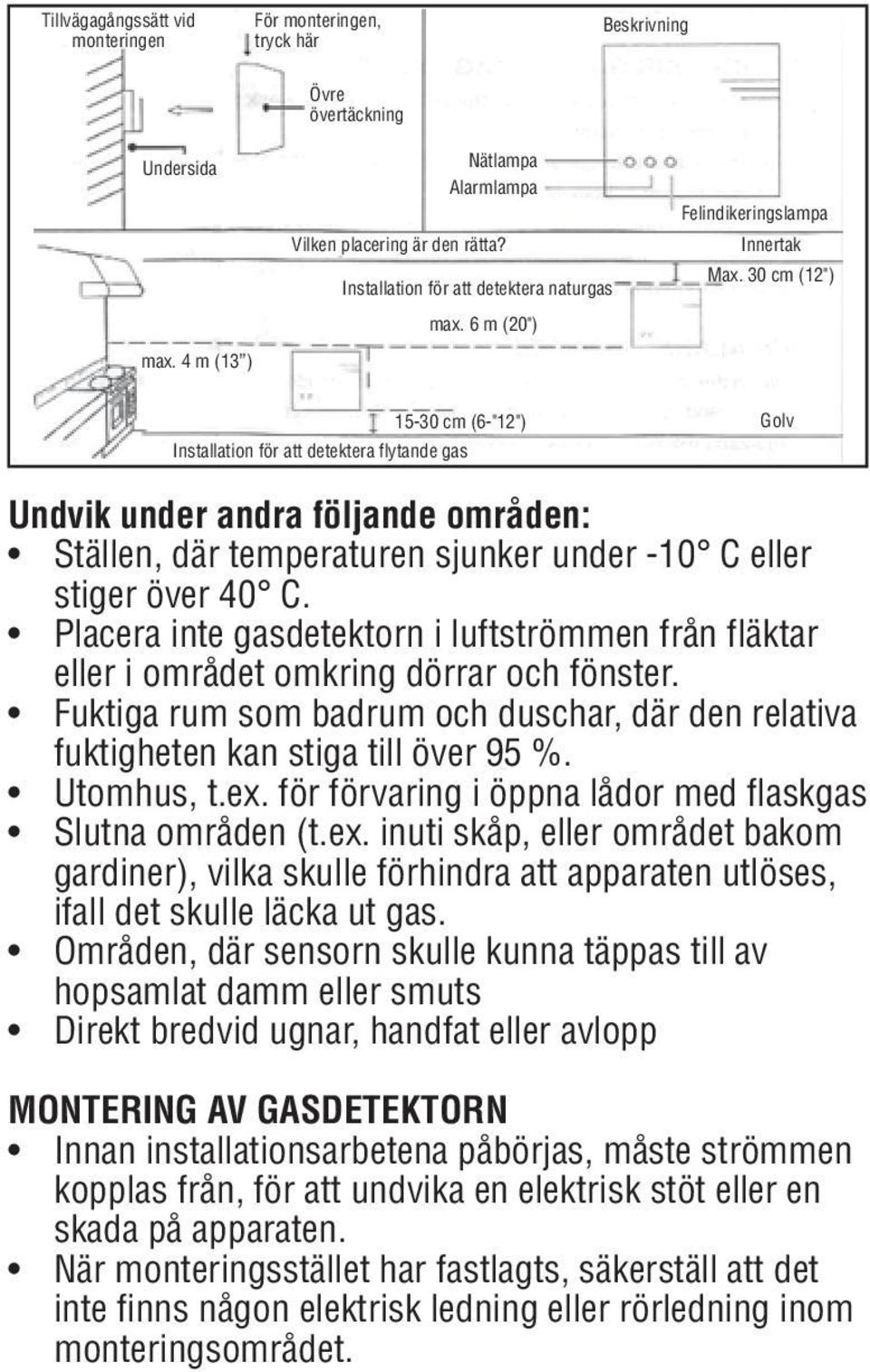 30 cm (12") 15-30 cm (6-"12") Installation för att detektera flytande gas Golv Undvik under andra följande områden: Ställen, där temperaturen sjunker under -10 C eller stiger över 40 C.