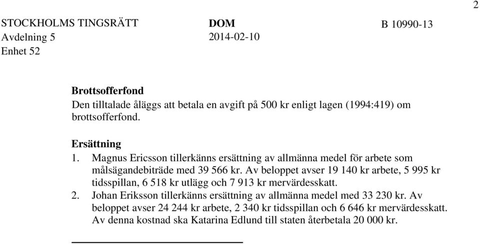 Av beloppet avser 19 140 kr arbete, 5 995 kr tidsspillan, 6 518 kr utlägg och 7 913 kr mervärdesskatt. 2.