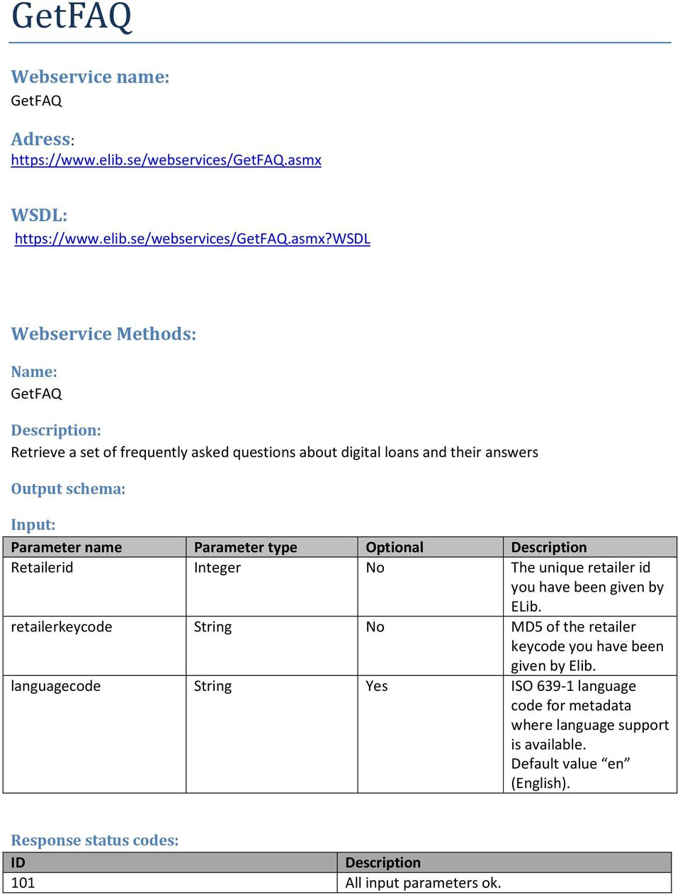 wsdl Webservice Methods: Name: GetFAQ Description: Retrieve a set of frequently asked questions about digital loans and their answers Output schema: Input: Parameter name