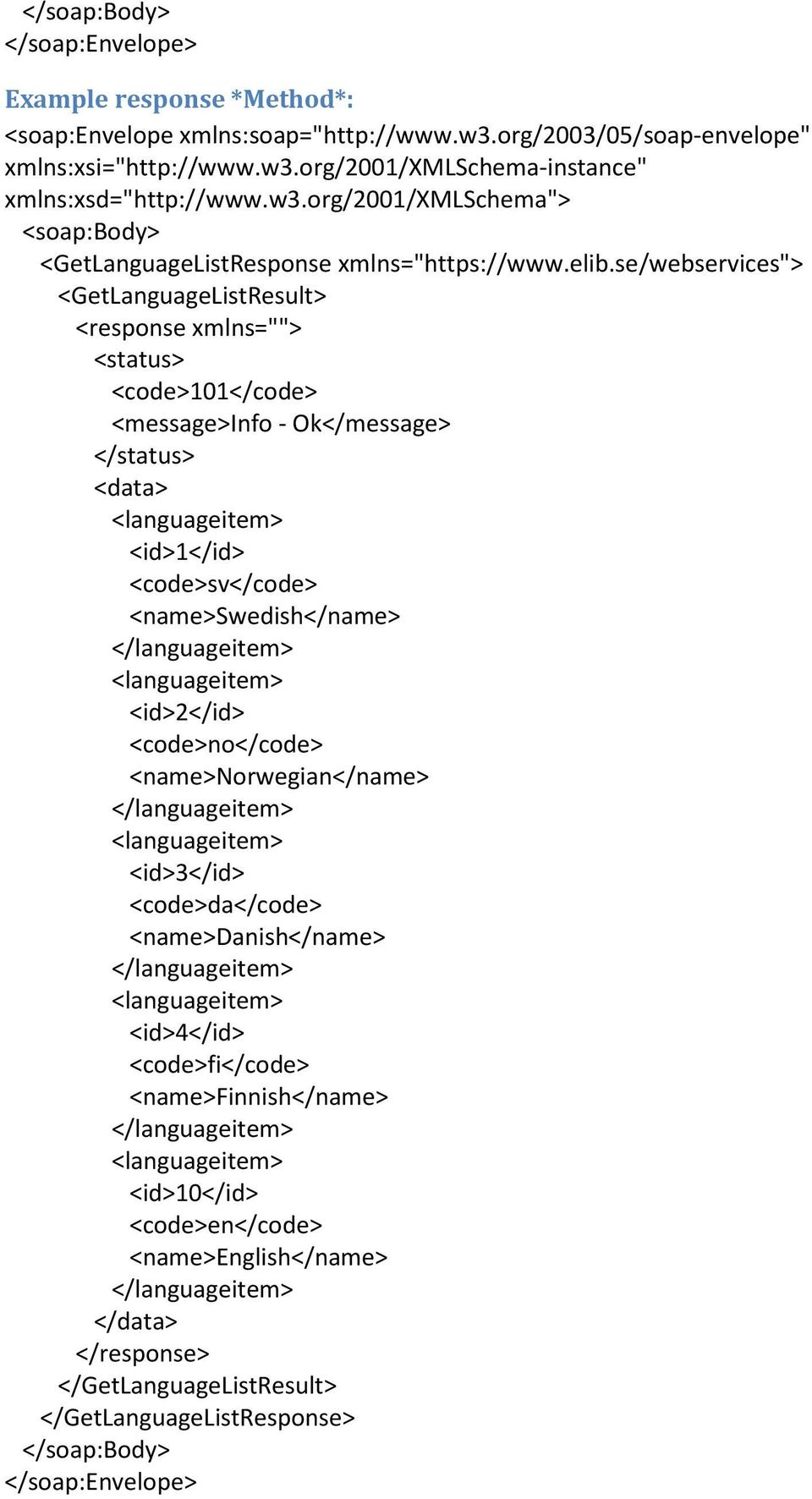 se/webservices"> <GetLanguageListResult> <response xmlns=""> <status> <code>101</code> <message>info - Ok</message> </status> <data> <id>1</id> <code>sv</code> <name>swedish</name>