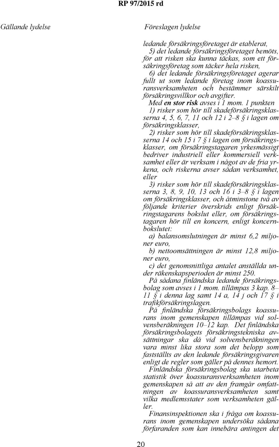 1 punkten 1) risker som hör till skadeförsäkringsklasserna 4, 5, 6, 7, 11 och 12 i 2 8 i lagen om försäkringsklasser, 2) risker som hör till skadeförsäkringsklasserna 14 och 15 i 7 i lagen om