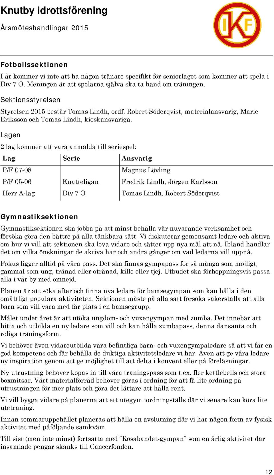 Lagen 2 lag kommer att vara anmälda till seriespel: Lag Serie Ansvarig P/F 07-08 Magnus Lövling P/F 05-06 Knatteligan Fredrik Lindh, Jörgen Karlsson Herr A-lag Div 7 Ö Tomas Lindh, Robert Söderqvist