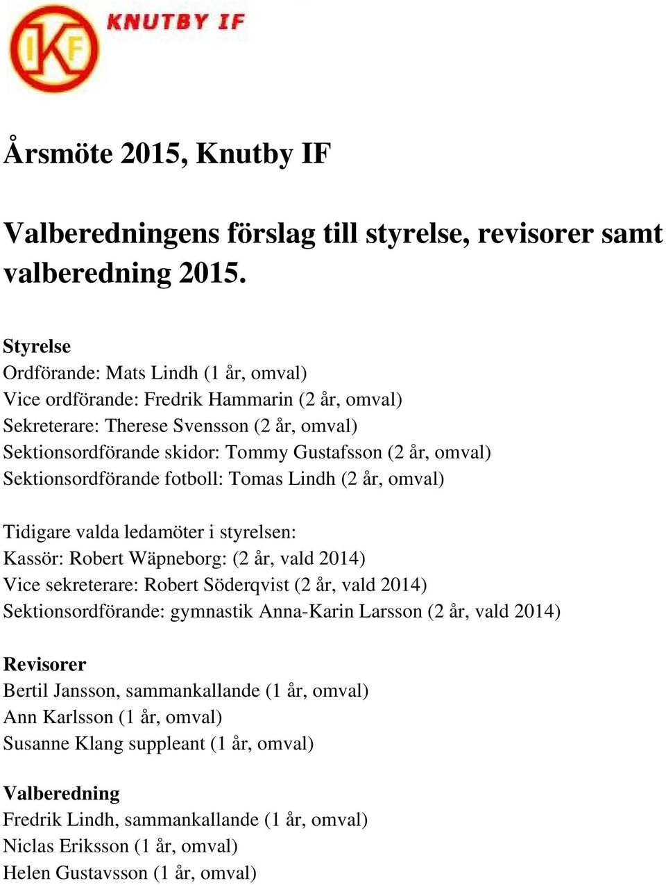 Sektionsordförande fotboll: Tomas Lindh (2 år, omval) Tidigare valda ledamöter i styrelsen: Kassör: Robert Wäpneborg: (2 år, vald 2014) Vice sekreterare: Robert Söderqvist (2 år, vald 2014)