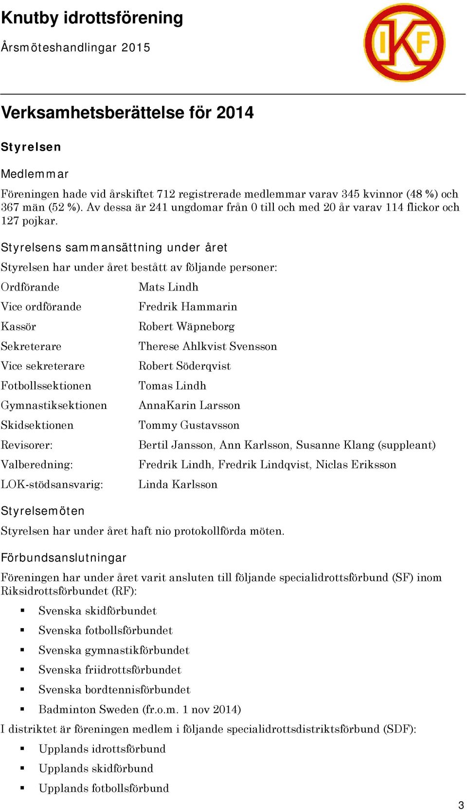 Styrelsens sammansättning under året Styrelsen har under året bestått av följande personer: Ordförande Mats Lindh Vice ordförande Fredrik Hammarin Kassör Robert Wäpneborg Sekreterare Therese Ahlkvist