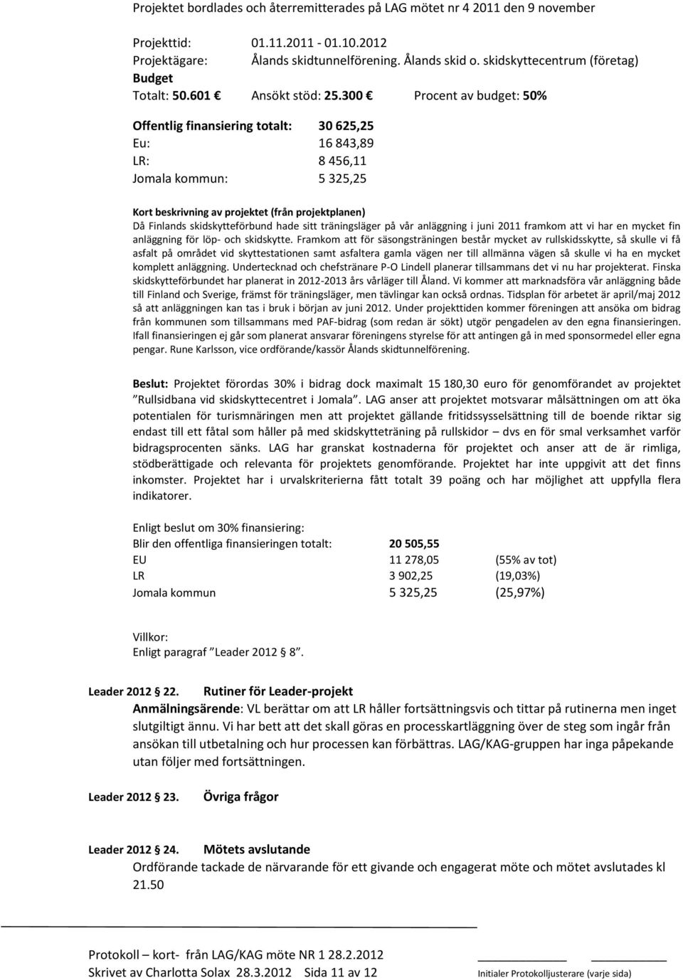 300 Procent av budget: 50% Offentlig finansiering totalt: 30 625,25 Eu: 16 843,89 LR: 8 456,11 Jomala kommun: 5 325,25 (från projektplanen) Då Finlands skidskytteförbund hade sitt träningsläger på