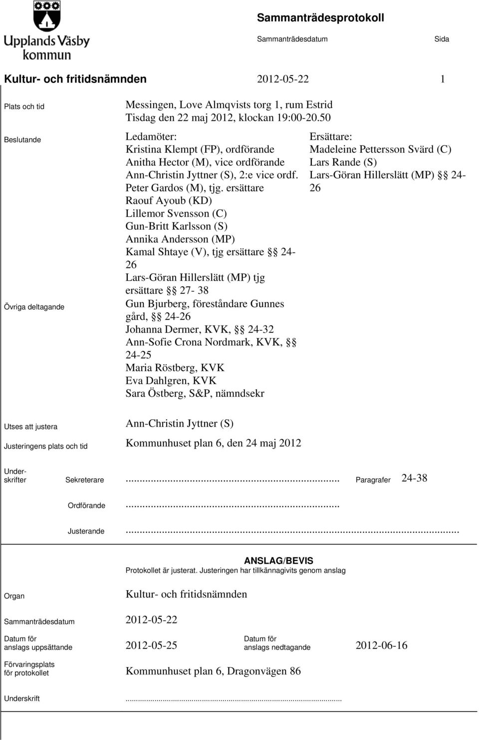 ersättare Raouf Ayoub (KD) Lillemor Svensson (C) Gun-Britt Karlsson (S) Annika Andersson (MP) Kamal Shtaye (V), tjg ersättare 24-26 Lars-Göran Hillerslätt (MP) tjg ersättare 27-38 Gun Bjurberg,