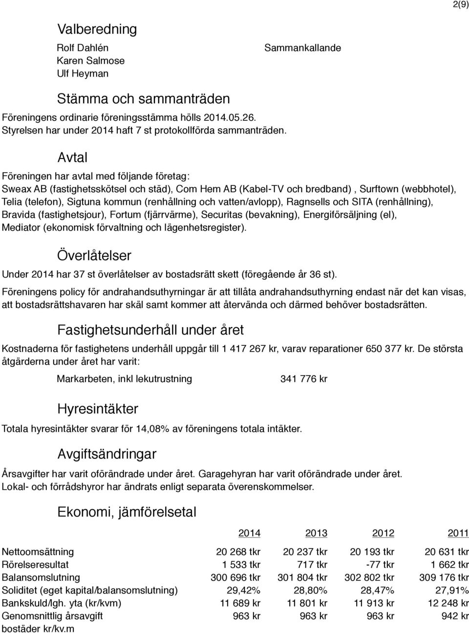 Avtal Föreningen har avtal med följande företag: Sweax AB (fastighetsskötsel och städ), Com Hem AB (Kabel-TV och bredband), Surftown (webbhotel), Telia (telefon), Sigtuna kommun (renhållning och