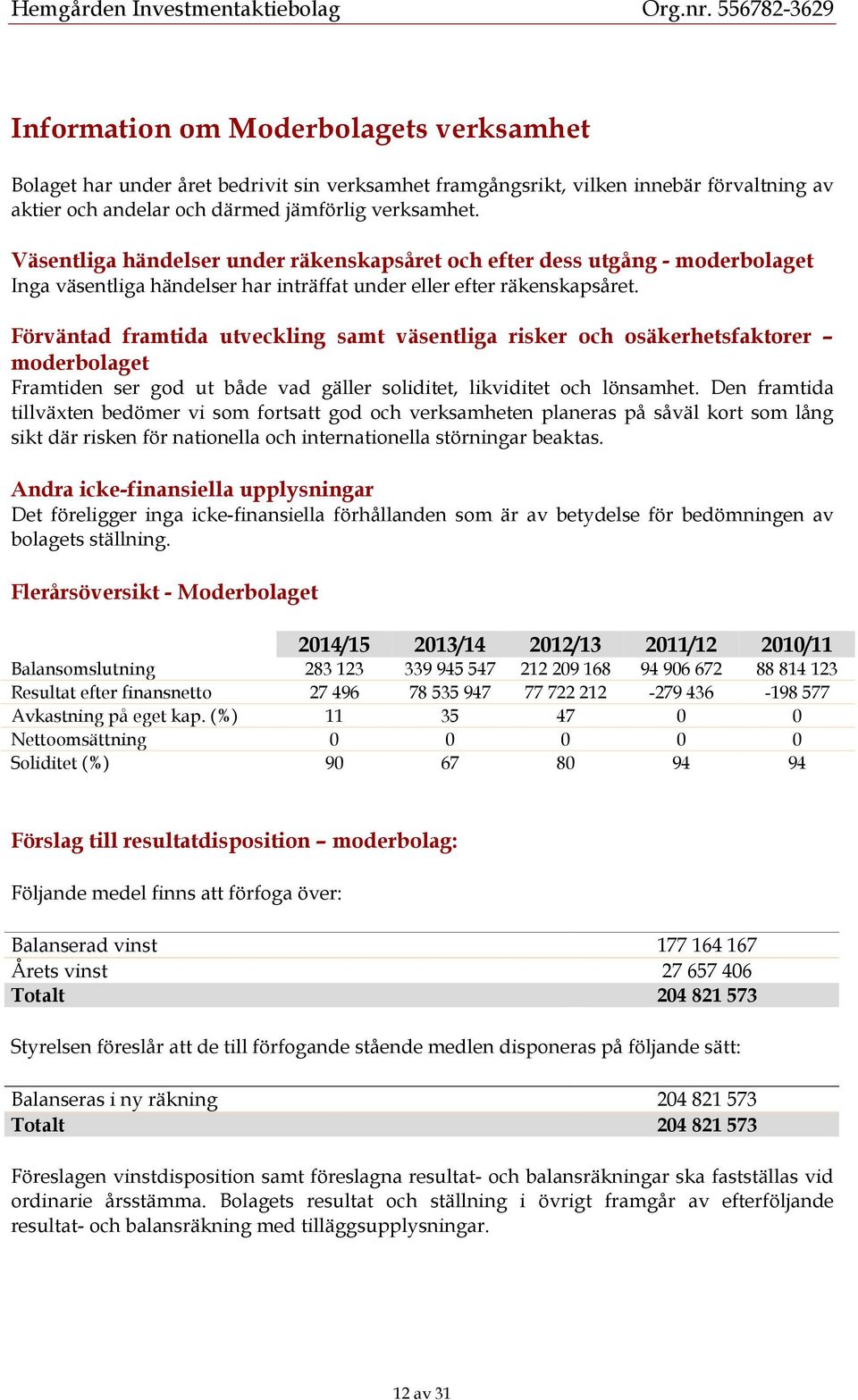 Förväntad framtida utveckling samt väsentliga risker och osäkerhetsfaktorer moderbolaget Framtiden ser god ut både vad gäller soliditet, likviditet och lönsamhet.