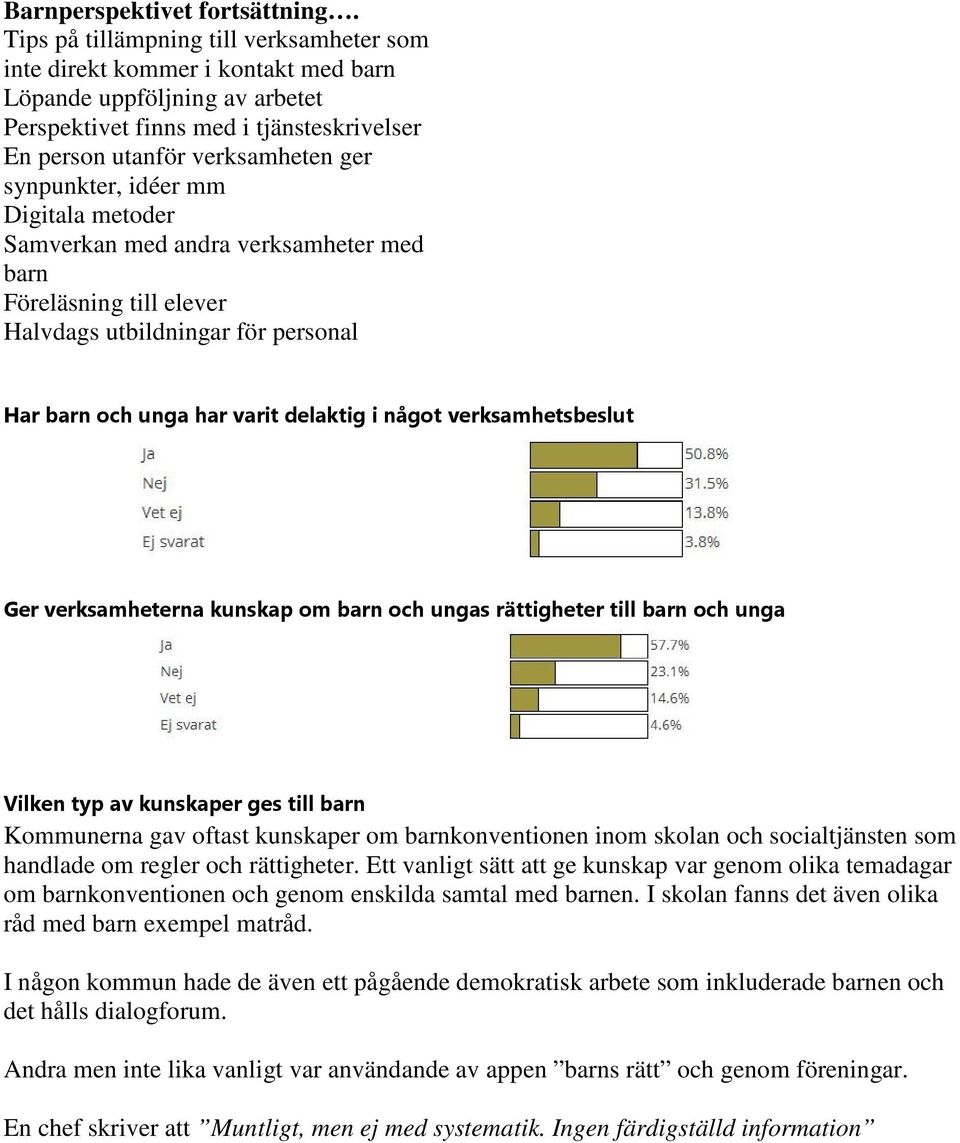 synpunkter, idéer mm Digitala metoder Samverkan med andra verksamheter med barn Föreläsning till elever Halvdags utbildningar för personal Har barn och unga har varit delaktig i något