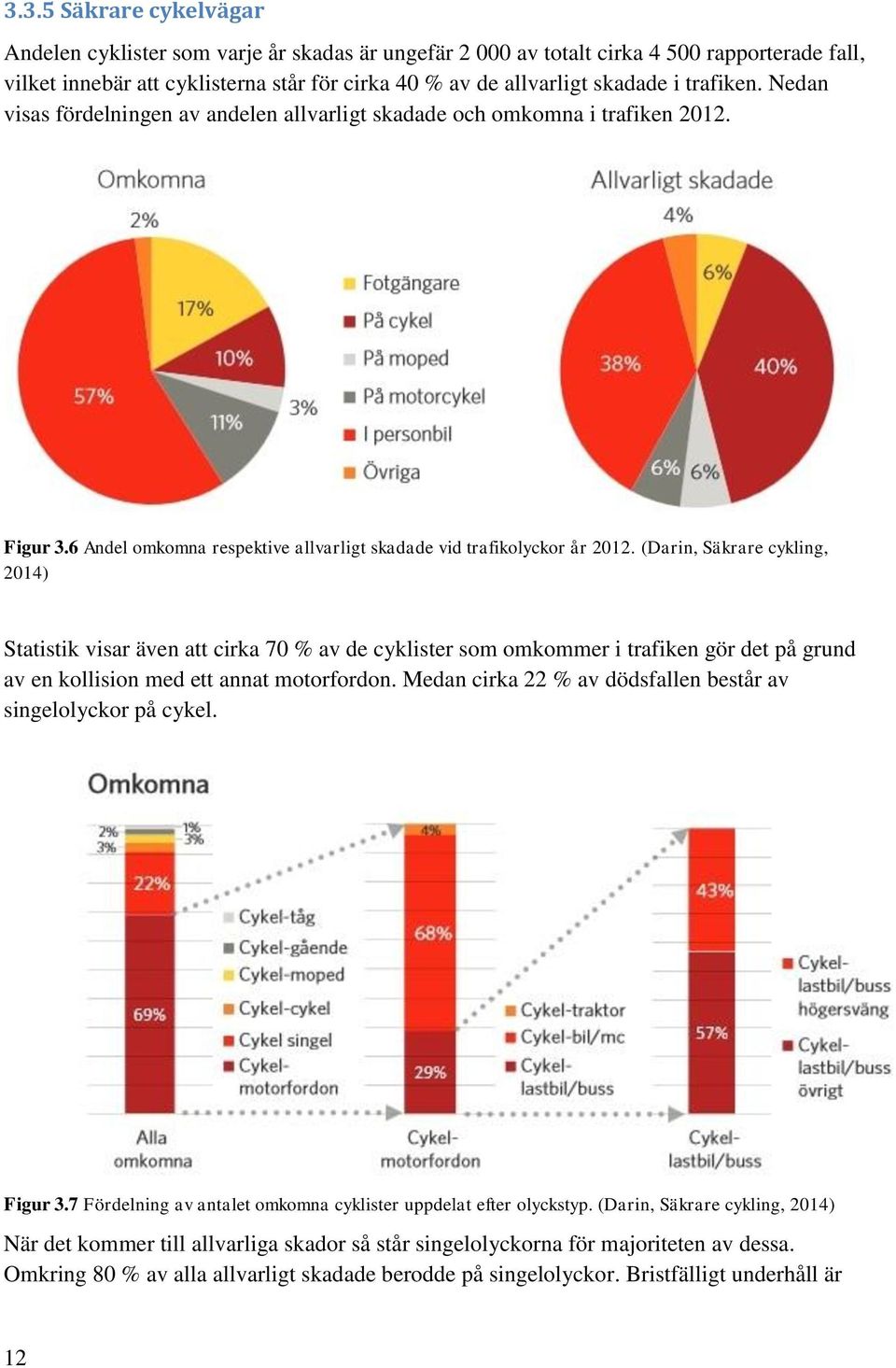 (Darin, Säkrare cykling, 2014) Statistik visar även att cirka 70 % av de cyklister som omkommer i trafiken gör det på grund av en kollision med ett annat motorfordon.