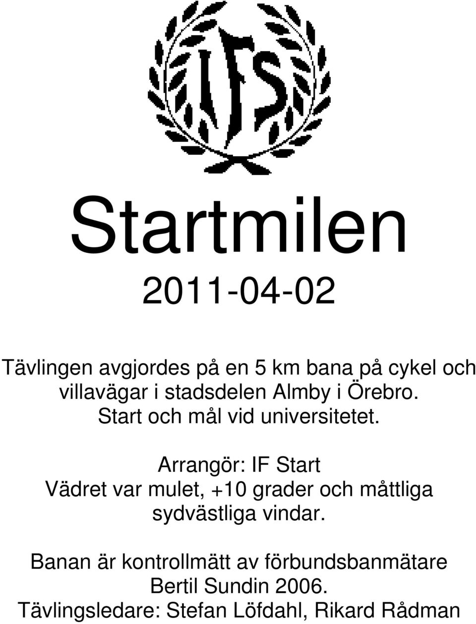 Arrangör: IF Start Vädret var mulet, +10 grader och måttliga sydvästliga vindar.