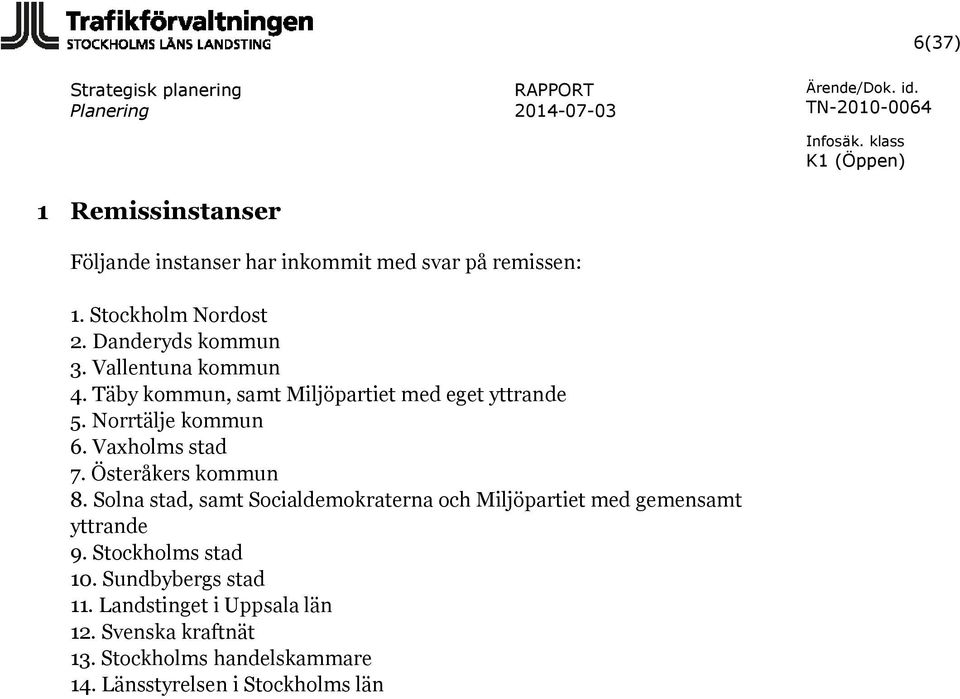 Österåkers kommun 8. Solna stad, samt Socialdemokraterna och Miljöpartiet med gemensamt yttrande 9. Stockholms stad 10.