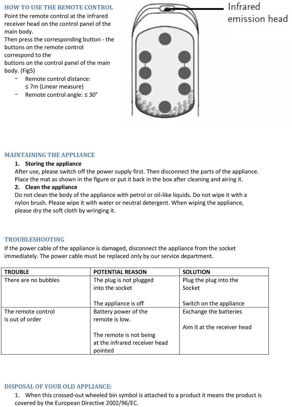 (Fig5) - Remote control distance: 7m (Linear measure) - Remote control angle: 30 MAINTAINING THE APPLIANCE 1. Storing the appliance After use, please switch off the power supply first.