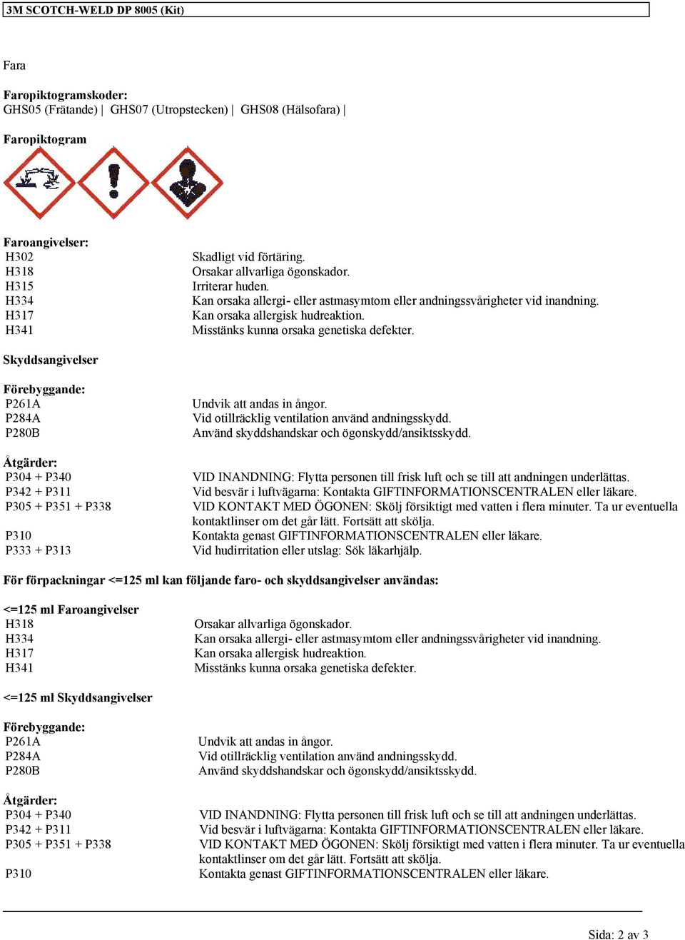 Misstänks kunna orsaka genetiska defekter. Skyddsangivelser Förebyggande: P261A P284A P280B Åtgärder: P304 + P340 P342 + P311 P305 + P351 + P338 P310 P333 + P313 Undvik att andas in ångor.