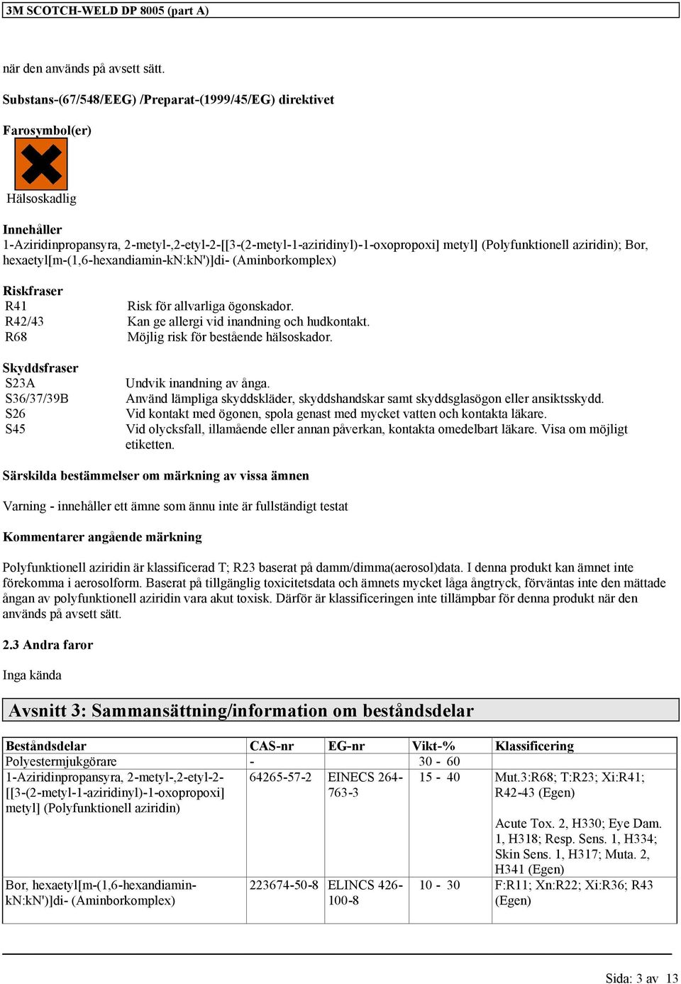 aziridin); Bor, hexaetyl[m-(1,6-hexandiamin-kn:kn')]di- (Aminborkomplex) Riskfraser R41 Risk för allvarliga ögonskador. R42/43 Kan ge allergi vid inandning och hudkontakt.