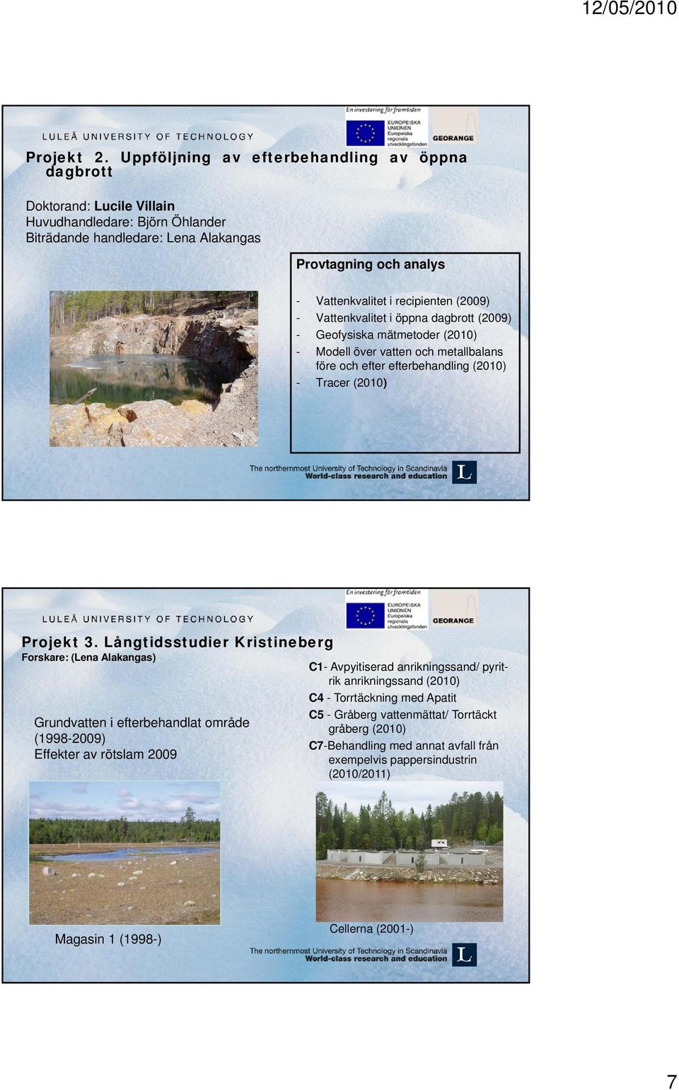 recipienten (2009) - Vattenkvalitet i öppna dagbrott (2009) - Geofysiska mätmetoder (2010) - Modell över vatten och metallbalans före och efter efterbehandling (2010) - Tracer (2010) Projekt 3.