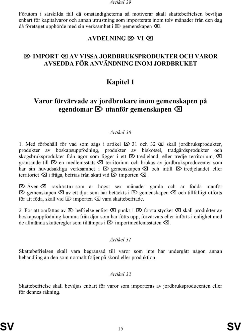 AVDELNING VI IMPORT AV VISSA JORDBRUKSPRODUKTER OCH VAROR AVSEDDA FÖR ANVÄNDNING INOM JORDBRUKET Kapitel 1 Varor förvärvade av jordbrukare inom gemenskapen på egendomar utanför gemenskapen Artikel 30