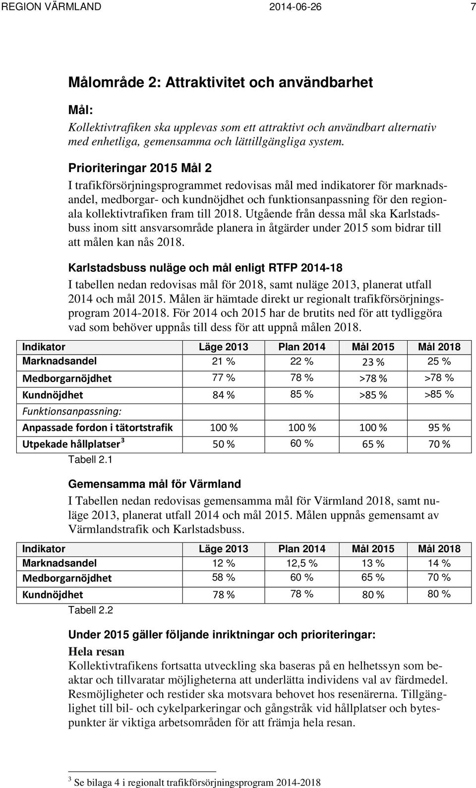 Prioriteringar 2015 Mål 2 I trafikförsörjningsprogrammet redovisas mål med indikatorer för marknadsandel, medborgar- och kundnöjdhet och funktionsanpassning för den regionala kollektivtrafiken fram