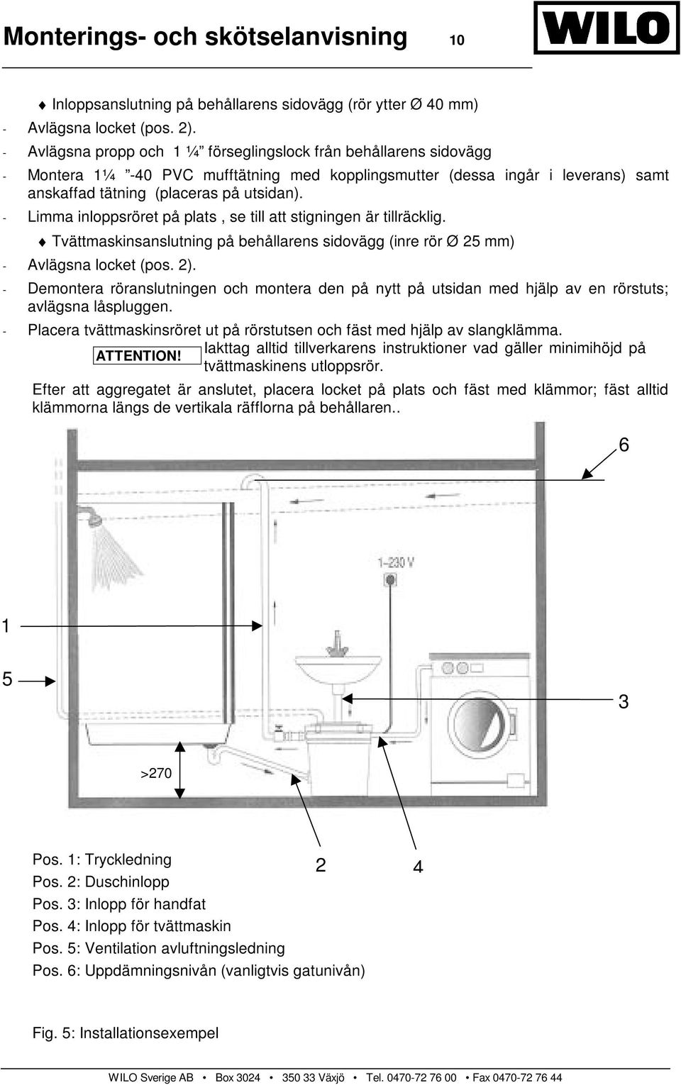 - Limma inloppsröret på plats, se till att stigningen är tillräcklig. Tvättmaskinsanslutning på behållarens sidovägg (inre rör Ø 25 mm) - Avlägsna locket (pos. 2).