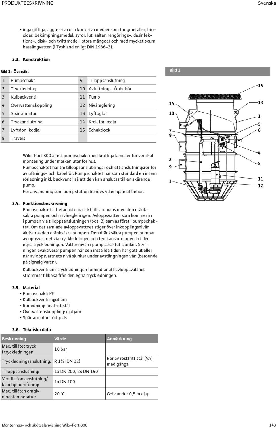 : Översikt 1 Pumpschakt 9 Tilloppsanslutning 2 Tryckledning 10 Avluftnings-/kabelrör 3 Kulbackventil 11 Pump 4 Övervattenskoppling 12 Nivåreglering 5 Spärrarmatur 13 Lyftöglor 6 Tryckanslutning 14