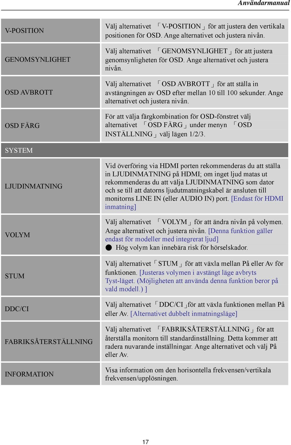 Välj alternativet OSD AVBROTT för att ställa in avstängningen av OSD efter mellan 10 till 100 sekunder. Ange alternativet och justera nivån.