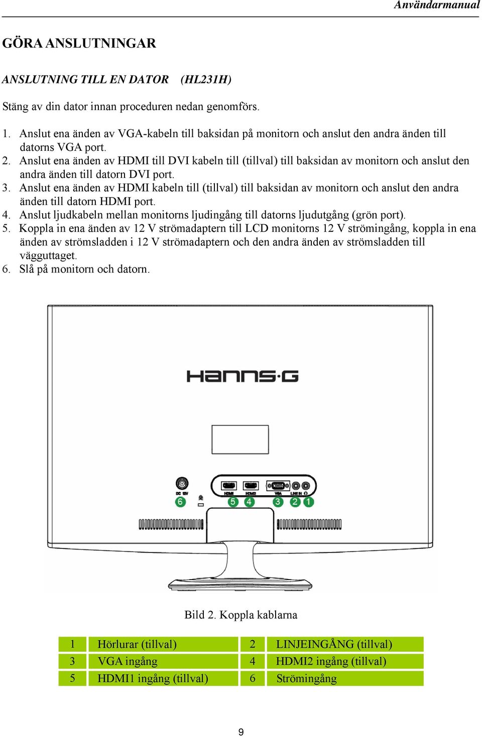 Anslut ena änden av HDMI till DVI kabeln till (tillval) till baksidan av monitorn och anslut den andra änden till datorn DVI port. 3.