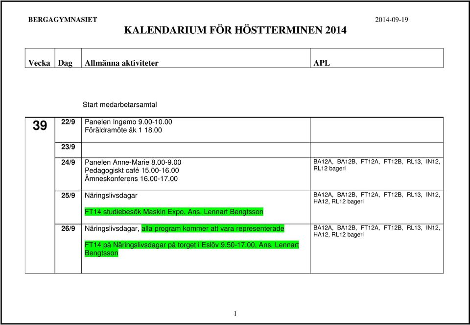 Lennart Bengtsson 26/9 Näringslivsdagar, alla program kommer att vara representerade FT14 på Näringslivsdagar på torget i Eslöv 9.50-17.