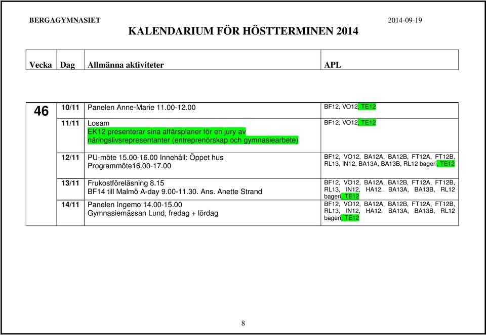 (entreprenörskap och gymnasiearbete) BF12, VO12, TE12 12/11 PU-möte 15.00-16.00 Innehåll: Öppet hus Programmöte16.00-17.