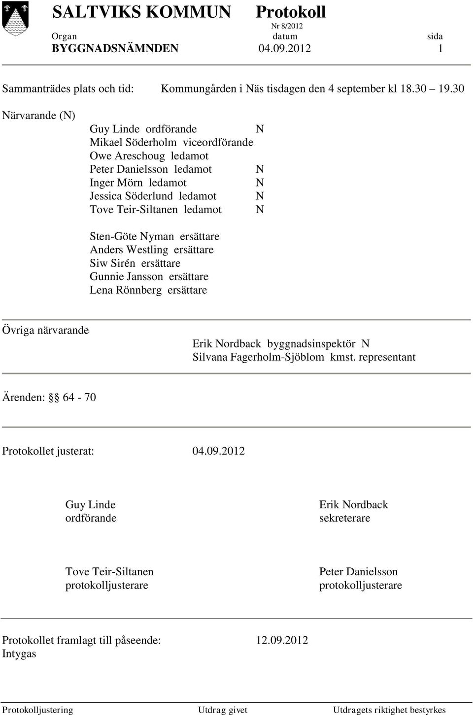 Teir-Siltanen ledamot N Sten-Göte Nyman ersättare Anders Westling ersättare Siw Sirén ersättare Gunnie Jansson ersättare Lena Rönnberg ersättare Övriga närvarande Erik Nordback