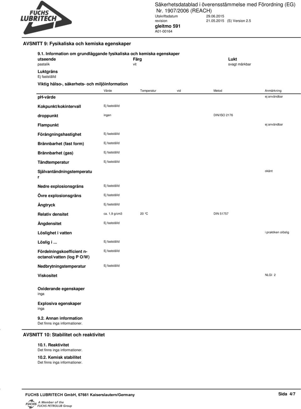 Metod Anmärkning ej användbar Kokpunkt/kokintervall droppunkt ingen DIN/ISO 2176 Flampunkt ej användbar Förångningshastighet Brännbarhet (fast form) Brännbarhet (gas) Tändtemperatur